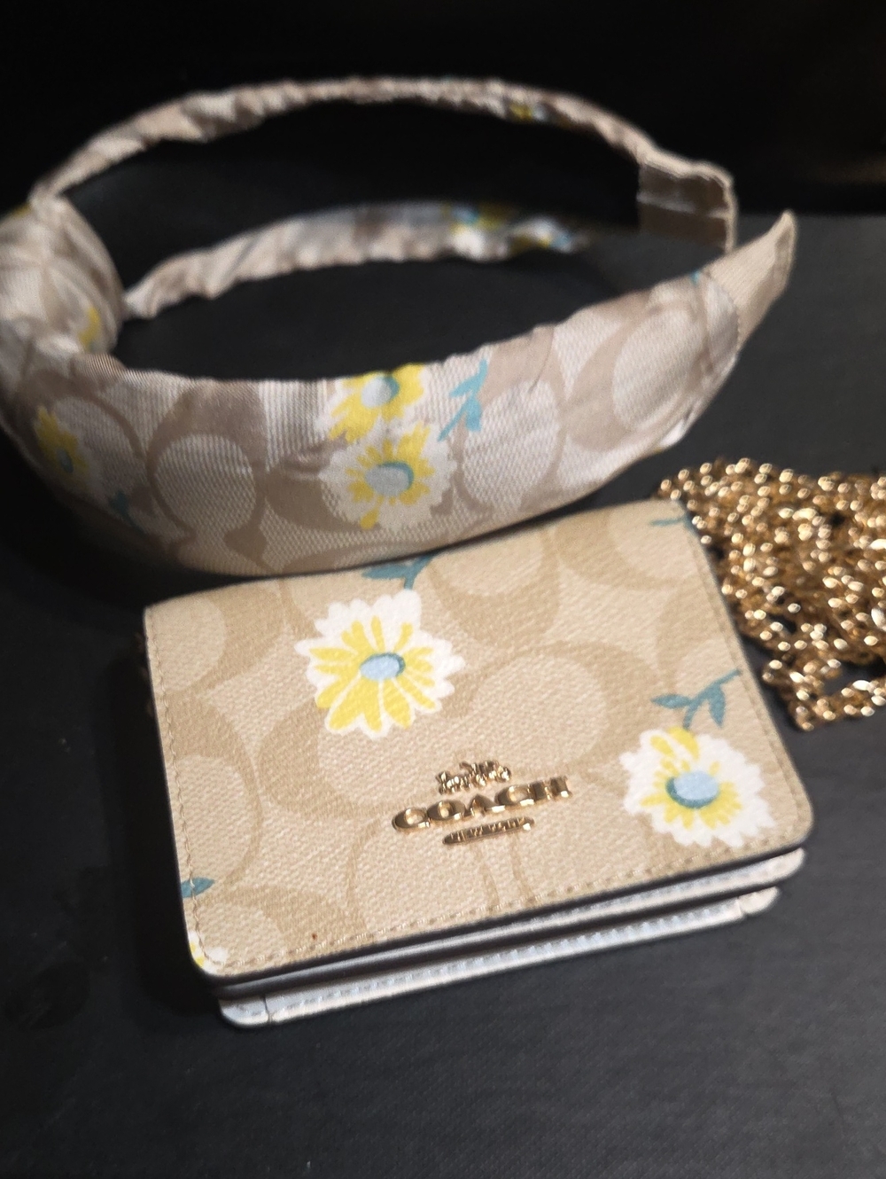Coach Beige Floral Signature Mini Wallet with Gold Chain